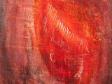 une peinture abstraite représentant un cœur rouge sur un fond marron