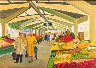 painting of a couple walking through a market with produce on display