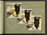 an old photo of a woman walking down the street