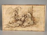 a drawing of a group of people sitting on the ground