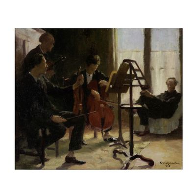 tableau représentant un groupe d'hommes jouant de la musique dans une pièce