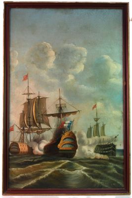 une peinture à l'huile représentant deux navires sur un plan d'eau, avec d'autres navires en arrière-plan