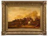 a painting of a group of men riding horses in a field