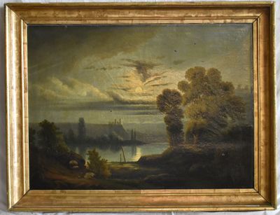 une peinture à l'huile représentant une scène fluviale avec un bateau au loin