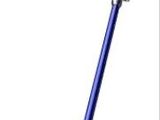 a close up of a blue and silver vacuum cleaner on a white background