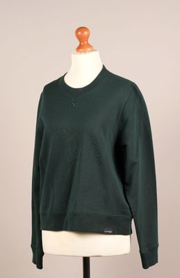 Ce pull est vert ; il a un col en V, des manches longues et une fermeture à boutons.