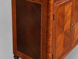 an antique display cabinet with a glass door and a wooden base