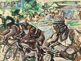 tableau représentant un groupe d'hommes à moto descendant une rue