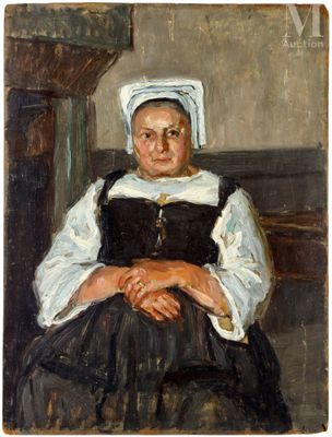 une image d'un tableau représentant une femme assise sur un banc