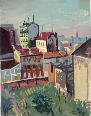 painting of a view of a city with a clock tower in the distance