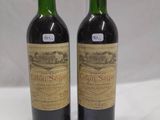 two bottles of wine sitting on top of a white table