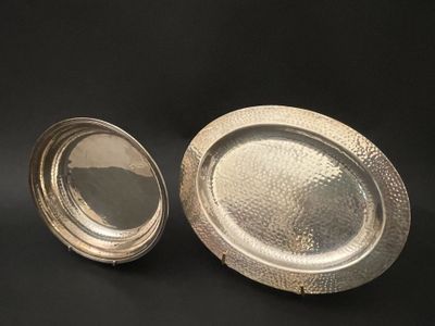 pair of antique silver plated oval trays on stand
