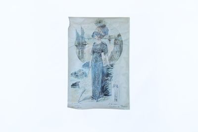 un dessin représentant une femme en robe bleue sur fond blanc