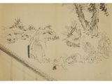 an old drawing of a group of people in a garden
