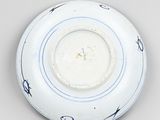 underside view of a blue and white plate with a design on the rim
