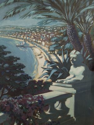 a painting of a view of a beach from a balcony