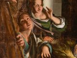 an image of a painting of a manger scene with a woman and a child