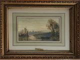 an old picture of a painting of a river with a castle in the background