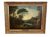 a painting of a landscape with a river and a castle in the distance