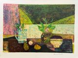 une peinture représentant un vase de fleurs sur une table