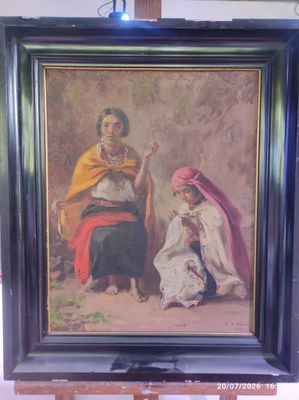 tableau représentant une femme et un enfant assis sur une chaise devant un tableau