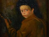 a painting of a young boy holding a violin in his hands