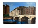 un tableau représentant un pont enjambant une rivière, sur lequel se trouve un bateau