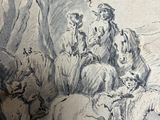 a drawing of a man riding a horse with a group of animals