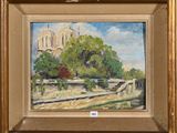 une peinture à l'huile représentant la vue d'un château avec des arbres au premier plan