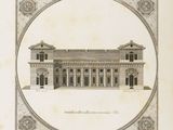 un vieux dessin représentant un bâtiment dont la façade présente un motif circulaire