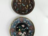 two decorative plates with flowers and butterflies on them on a white surface