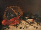 un tableau représentant un homard, des poissons et d'autres objets posés sur une table