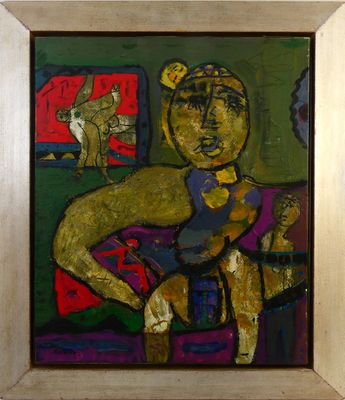 painting of a woman sitting on a couch with a cat in the background