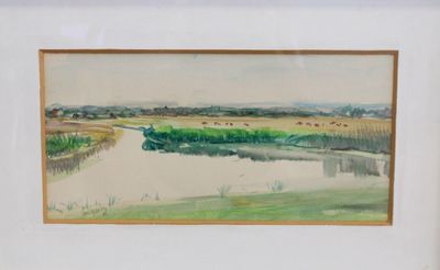 une photo d'une aquarelle représentant une rivière dans un champ
