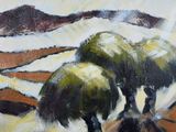 une peinture à l'huile représentant trois arbres sur une colline, avec le ciel en arrière-plan