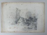 un vieux dessin représentant une maison devant laquelle se trouve un cheval