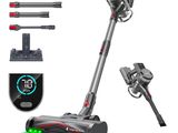 a close up of a cordless vacuum cleaner with a green light
