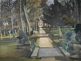 une peinture à l'huile représentant un sentier dans un parc entouré d'arbres