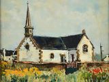 une peinture à l'huile représentant une église dans un champ de fleurs