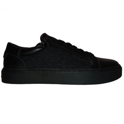 a picture of a black sneaker with a black sole