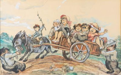 tableau représentant des enfants dans une charrette tirée par des chevaux sur un chemin de terre