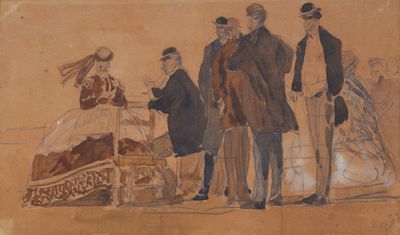 un vieux dessin représentant un groupe de personnes debout les unes à côté des autres