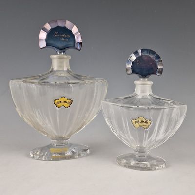 une paire de flacons de parfum en verre posés sur une surface blanche