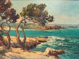 painting of a painting of a beach with trees and a body of water