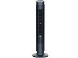 a black tower fan sitting on top of a white surface
