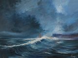 une peinture à l'huile représentant un voilier au milieu d'un océan déchaîné