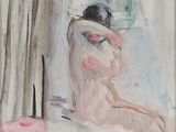 a painting of a woman in a hat sitting on a bed
