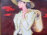painting of a woman in a straw hat and a yellow jacket