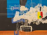une image représentant une peinture sur fond noir, ornée d'un motif rouge, jaune, vert et bleu