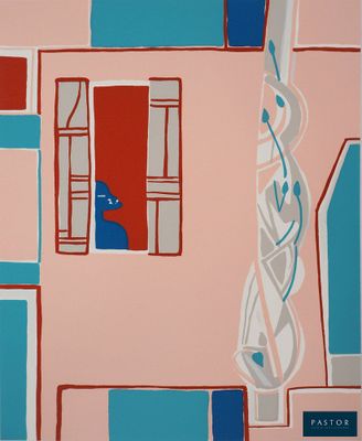 un tableau représentant un chat assis sur le rebord d'une fenêtre